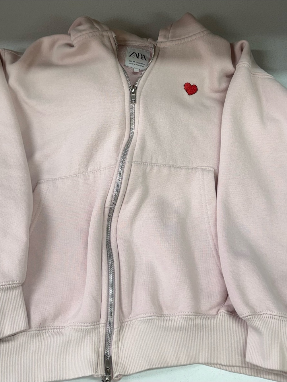 Zara Kids Light Pink Zip-Up Hoodie with Red Heart Patch